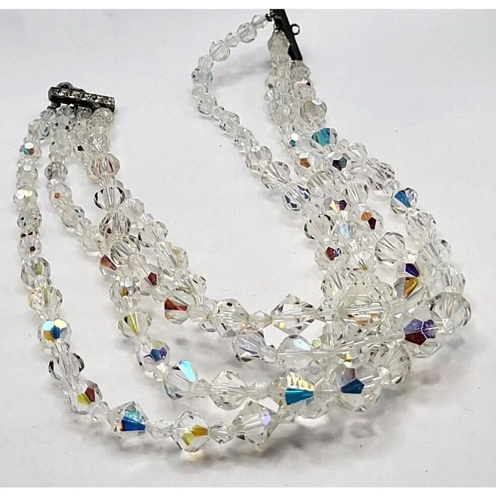 Gorgeous Vintage 1950s Triple Strand AB Crystal Necklace Signed Japan - See desc